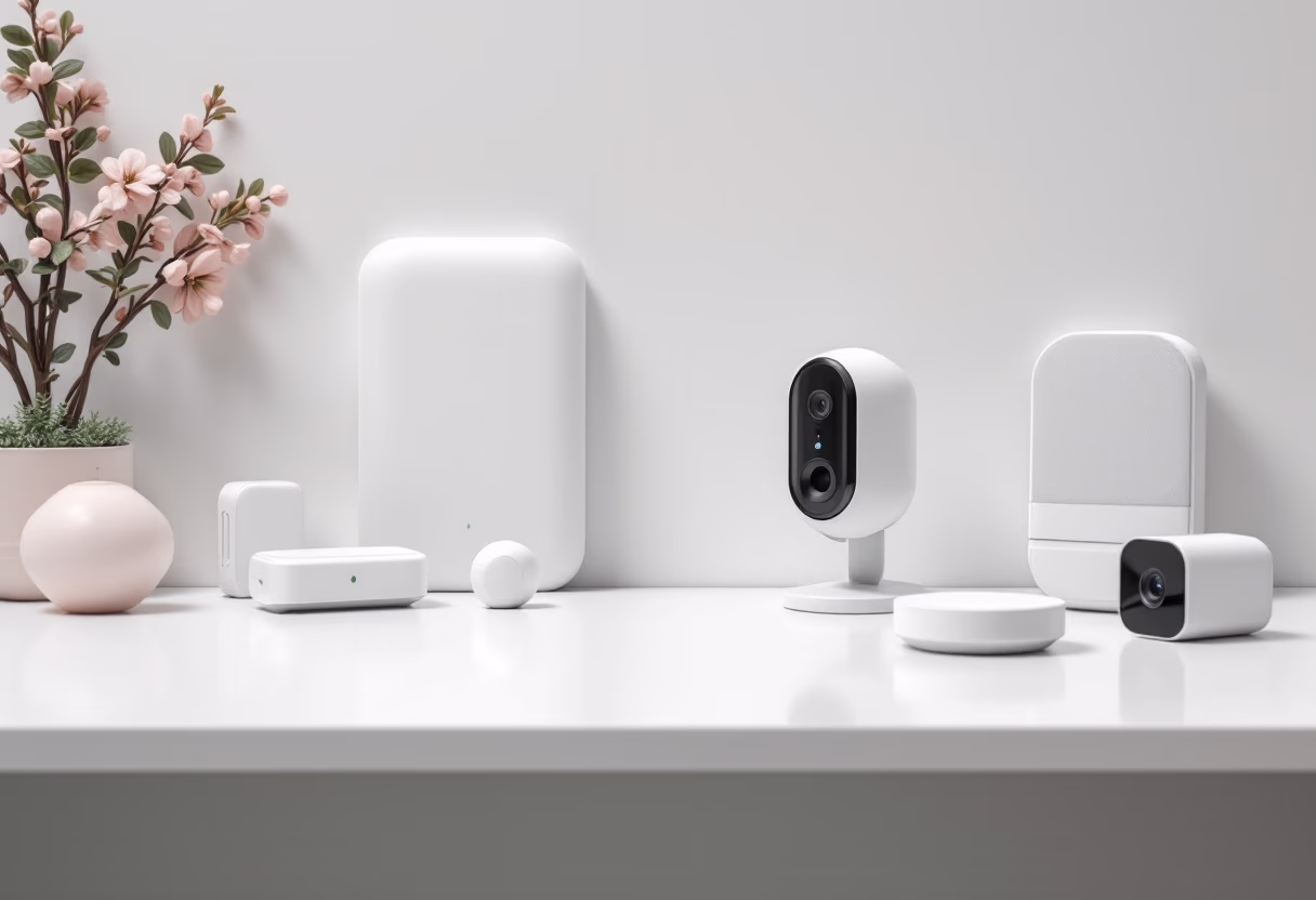 smart home security setup in bright white photography style